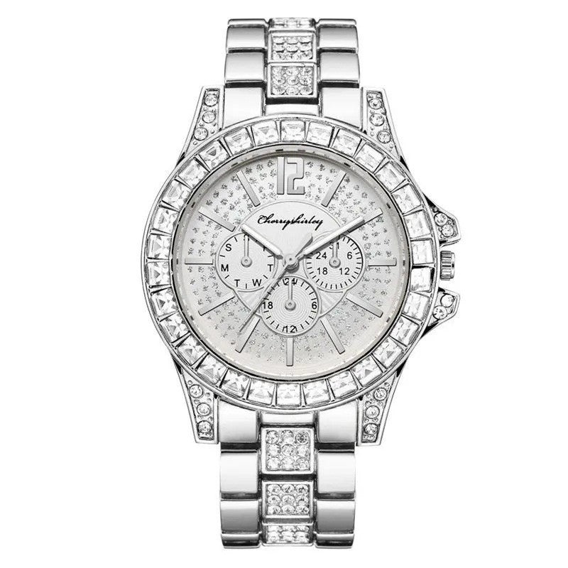 Women Full Diamond Fake Three-eye Steel Belt Quartz Watch