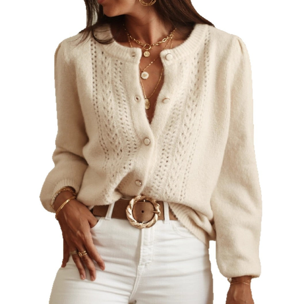 Women's Crochet Hollow-Out Sweater Coat – Long Sleeve Single-Breasted Cardigan