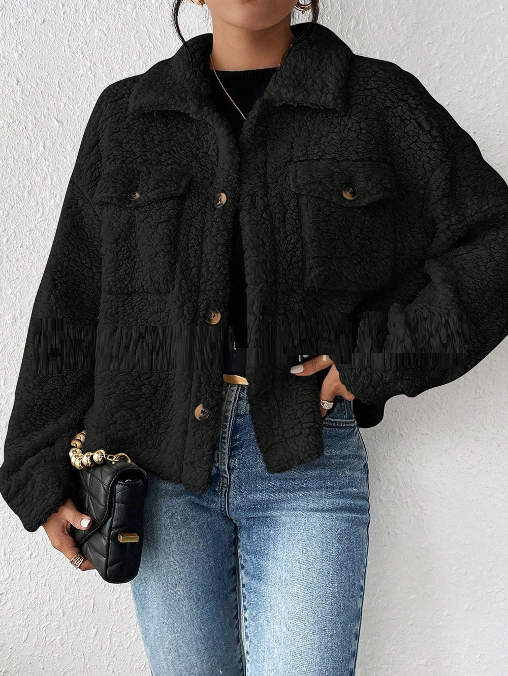 Women's Short Plush Jacket with Polo Collar – Soft Fleece Casual Winter Coat