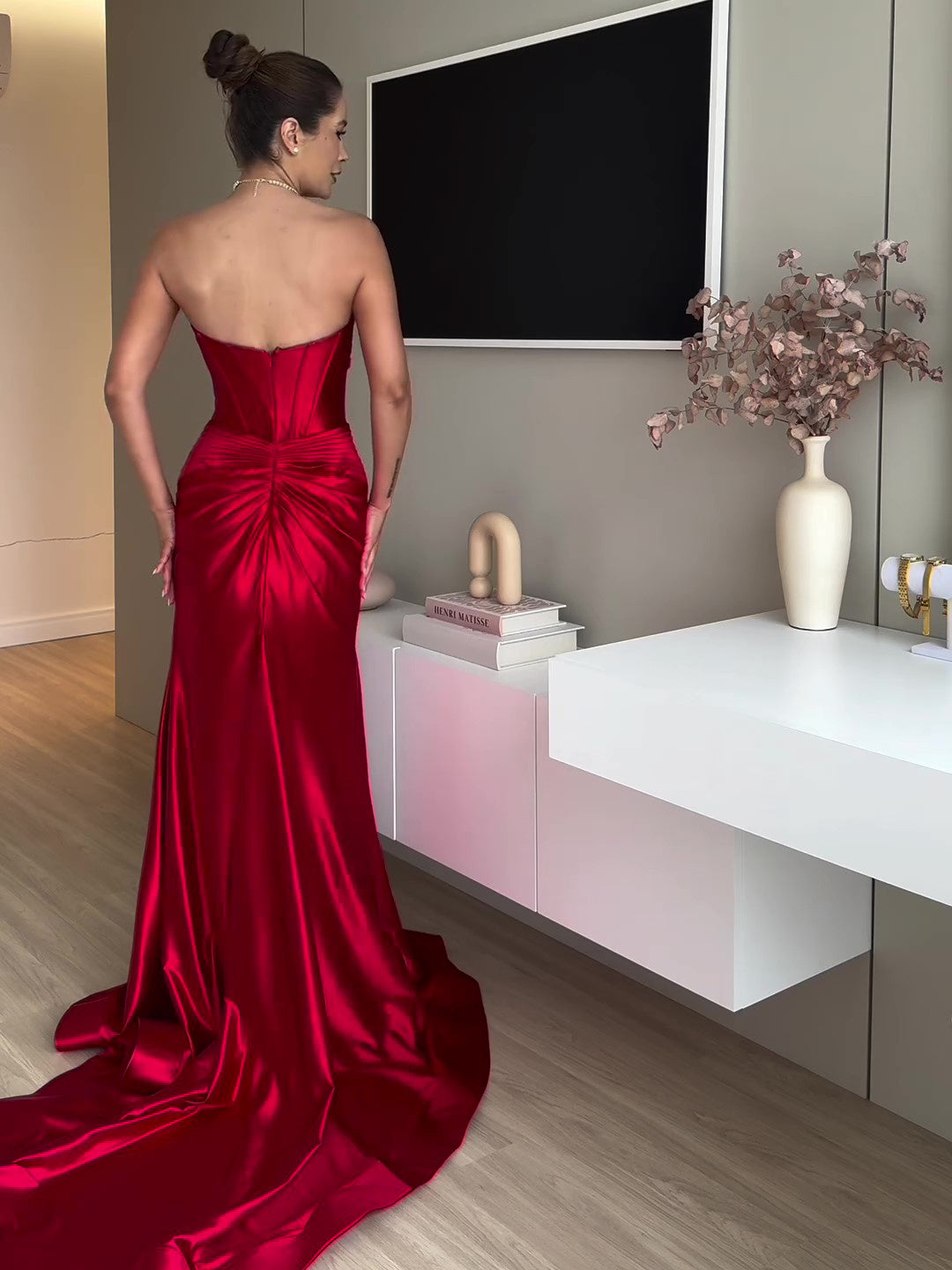 Women’s Red Tube Top Slit Evening Dress