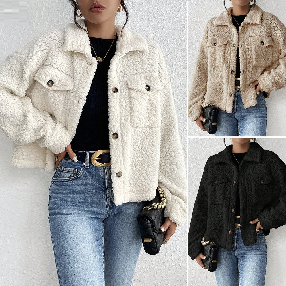 Women's Short Plush Jacket with Polo Collar – Soft Fleece Casual Winter Coat
