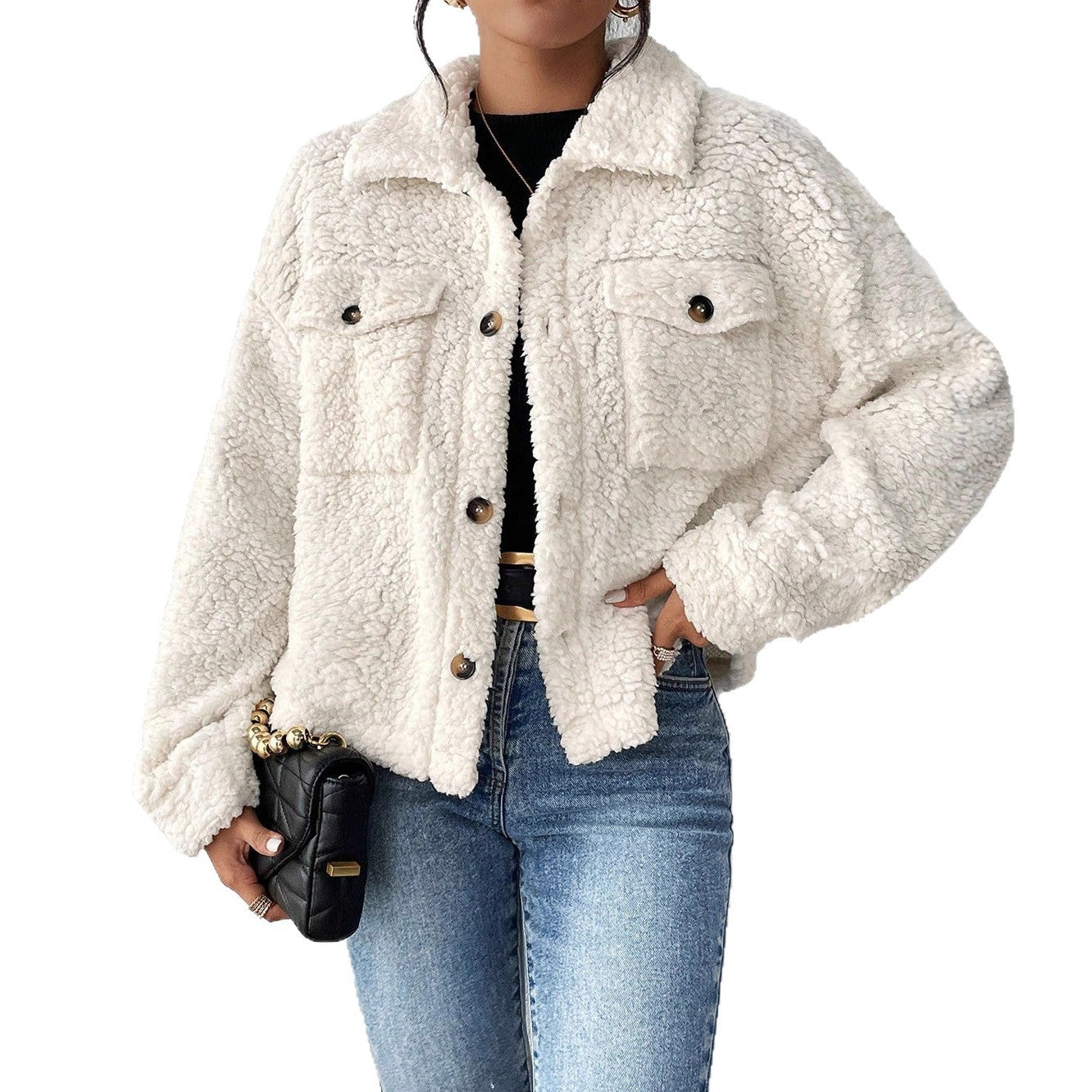 Women's Short Plush Jacket with Polo Collar – Soft Fleece Casual Winter Coat