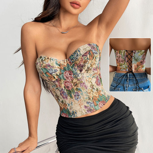 Y2K Floral Tube Crop Top Back-Tied Corset Tank for Women