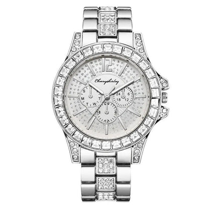 Women Full Diamond Fake Three-eye Steel Belt Quartz Watch