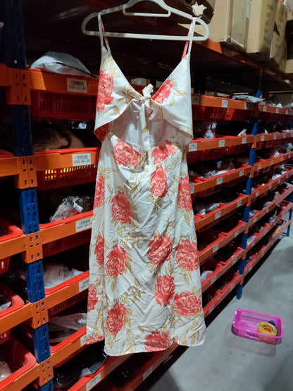 Women’s Floral Print Beach Dress – Hollow Bowknot Split Suspender Summer Dress