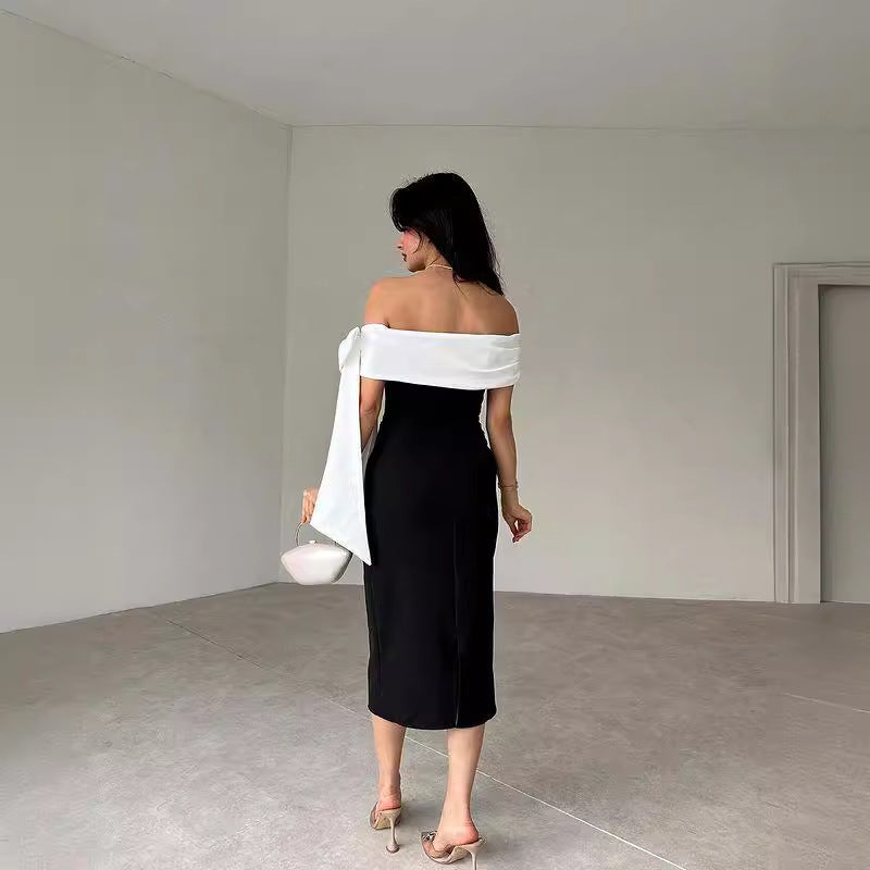 Women’s Off-Shoulder Bow Black & White Cocktail Dress