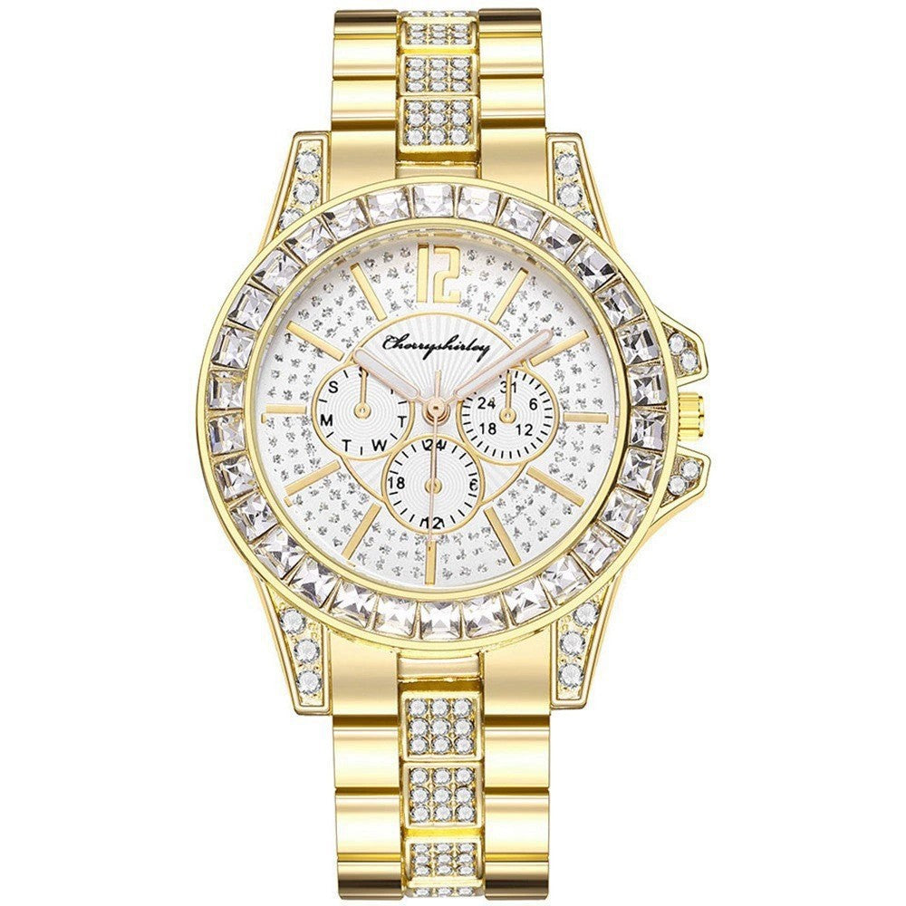 Women Full Diamond Fake Three-eye Steel Belt Quartz Watch