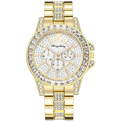 Women Full Diamond Fake Three-eye Steel Belt Quartz Watch