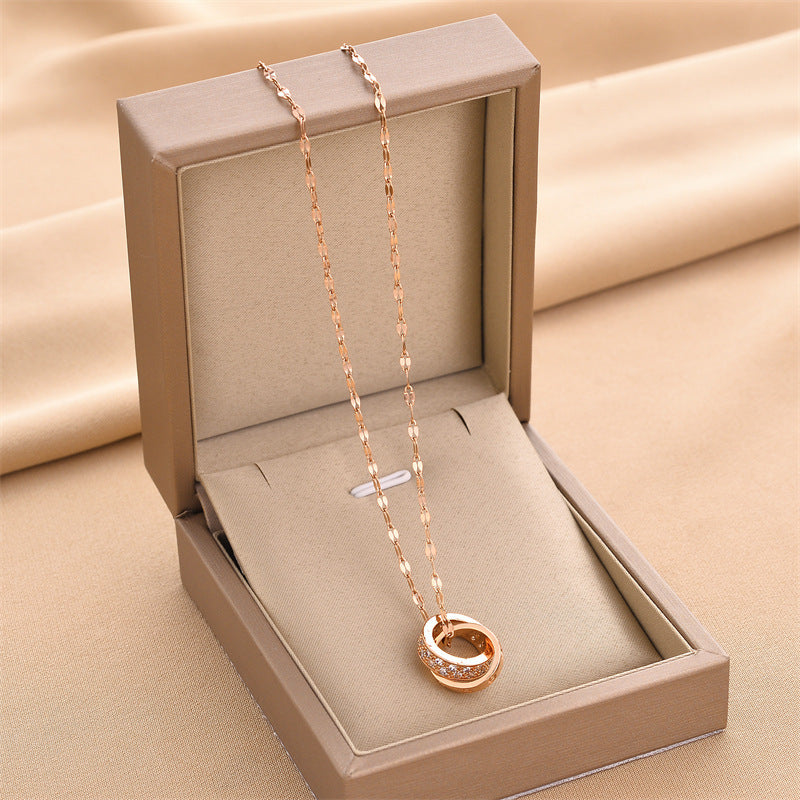 Women Double Ring Titanium Steel Necklace