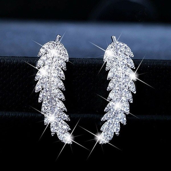 Zircon gold and silver leaf earrings Korean fashion ladies