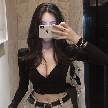 Back-exposed Long-sleeved T-shirt Women's Autumn Sexy Skinny V-neck Cropped Top