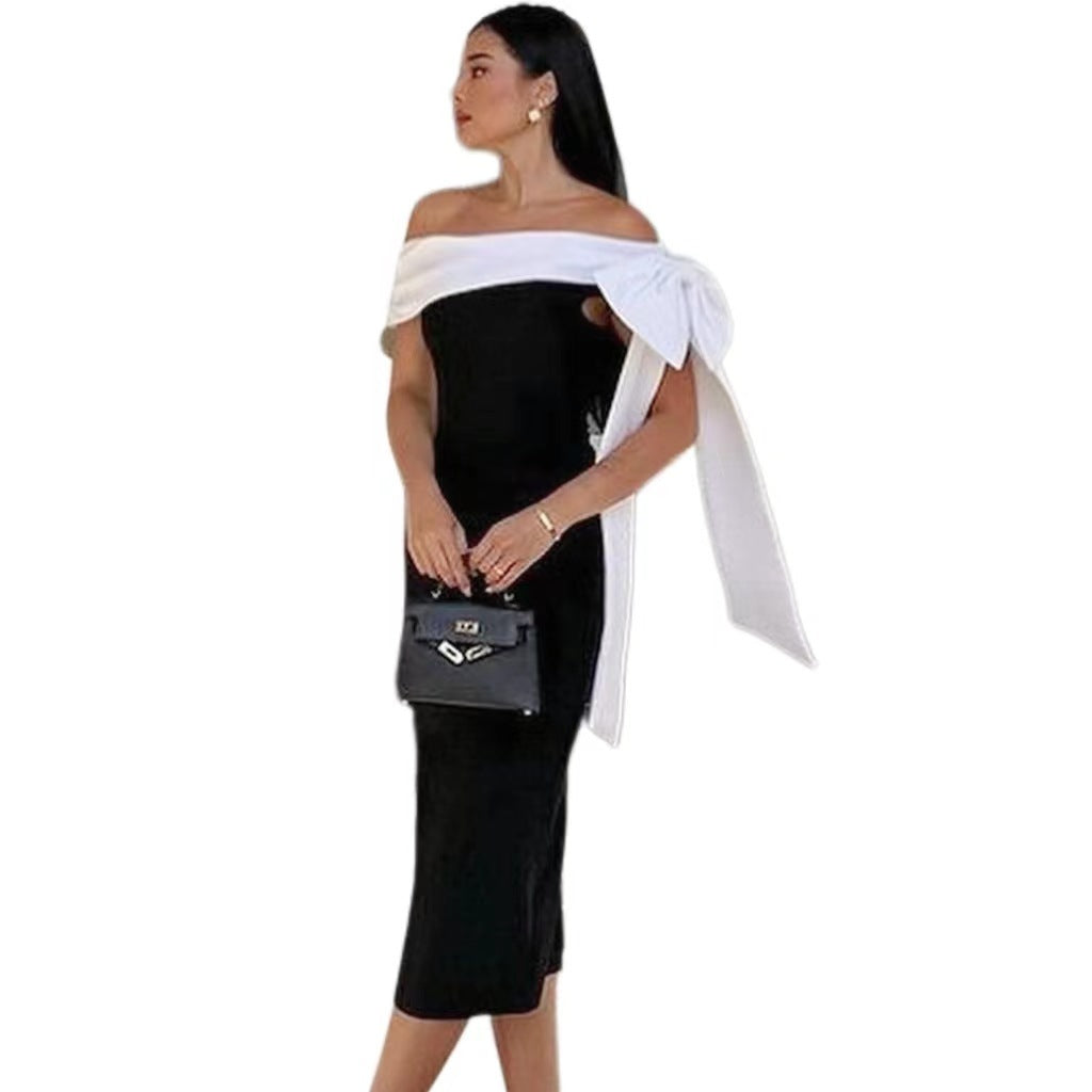Women’s Off-Shoulder Bow Black & White Cocktail Dress