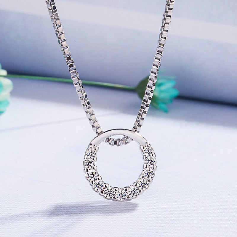 Women Round Diamond Zircon Pendant Necklace Clavicle Chain