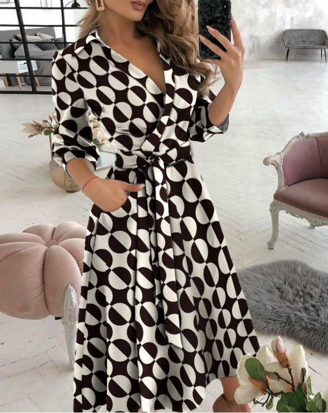 Summer New Geometric Print Belt Dress Women