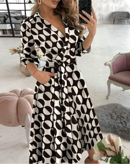 Summer New Geometric Print Belt Dress Women