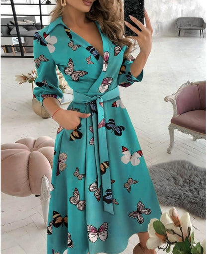 Summer New Geometric Print Belt Dress Women