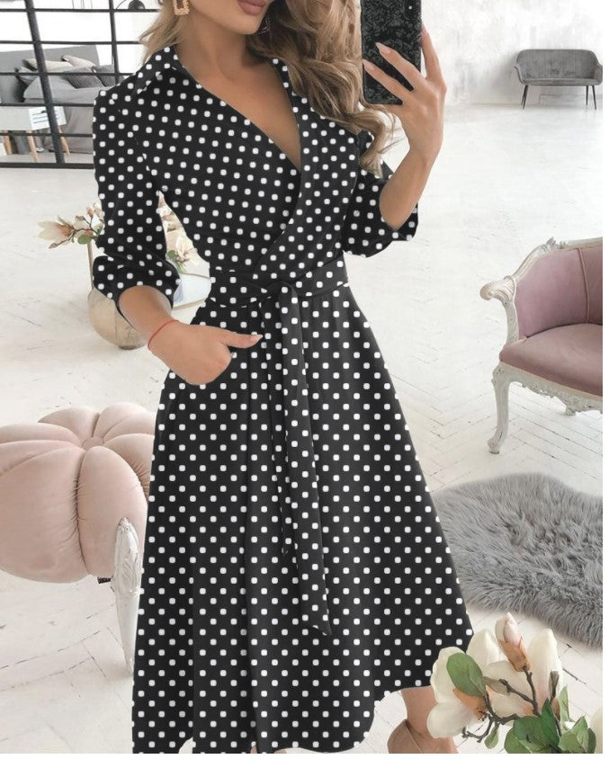 Summer New Geometric Print Belt Dress Women
