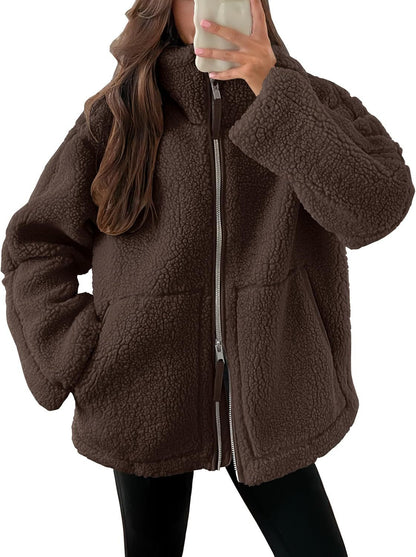 Women’s Winter Lapel Zip-Up Fleece Jacket – Casual Long Sleeve Coat with Pockets
