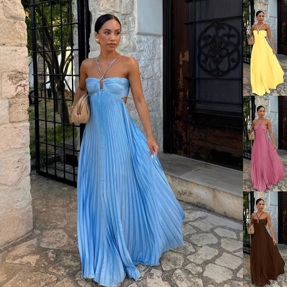 Women’s Pleated Sleeveless Halter Dress – High Waist