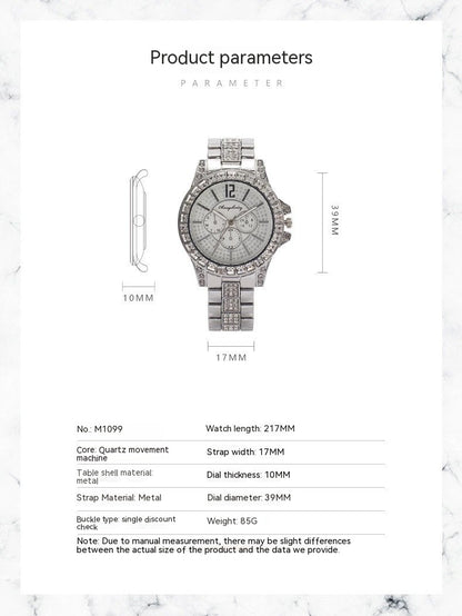 Women Full Diamond Fake Three-eye Steel Belt Quartz Watch