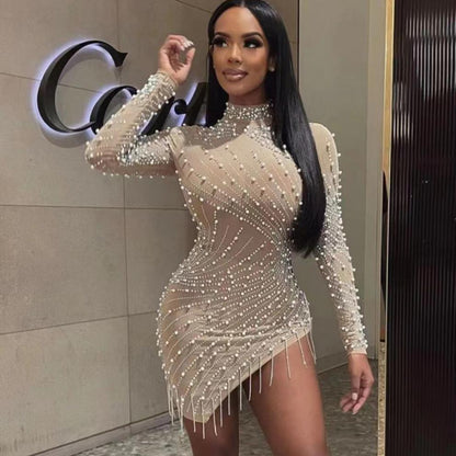 Women’s Pearl Rhinestone Tassel Mini Dress