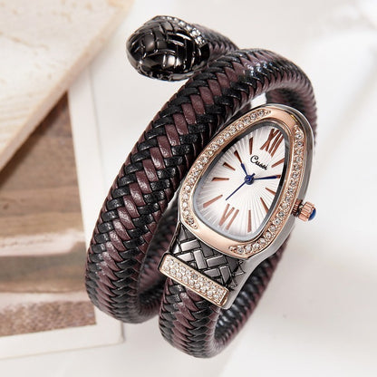 Snake Leather Strap Women’s Watch Fashion Quartz Diamond Wristwatch