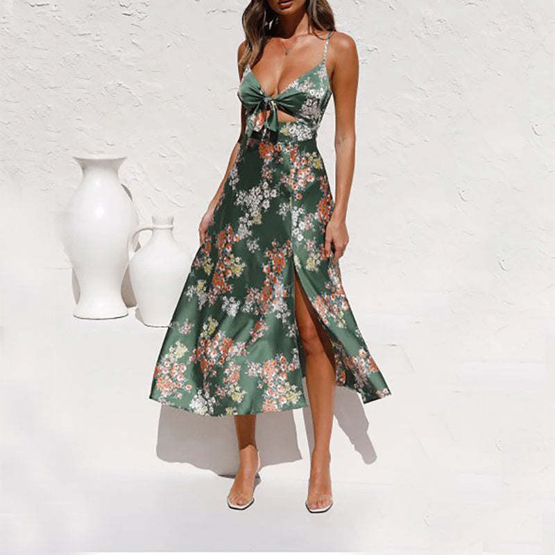 Women’s Floral Print Beach Dress – Hollow Bowknot Split Suspender Summer Dress