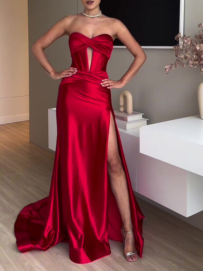 Women’s Red Tube Top Slit Evening Dress