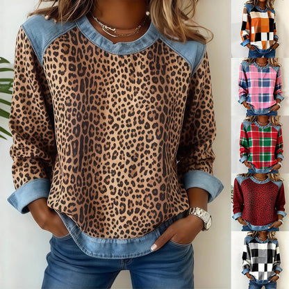 Denim Patchwork Sweatshirt Fashion Unique Crewneck Pullover Long-sleeved Shirt Top Women's Clothing
