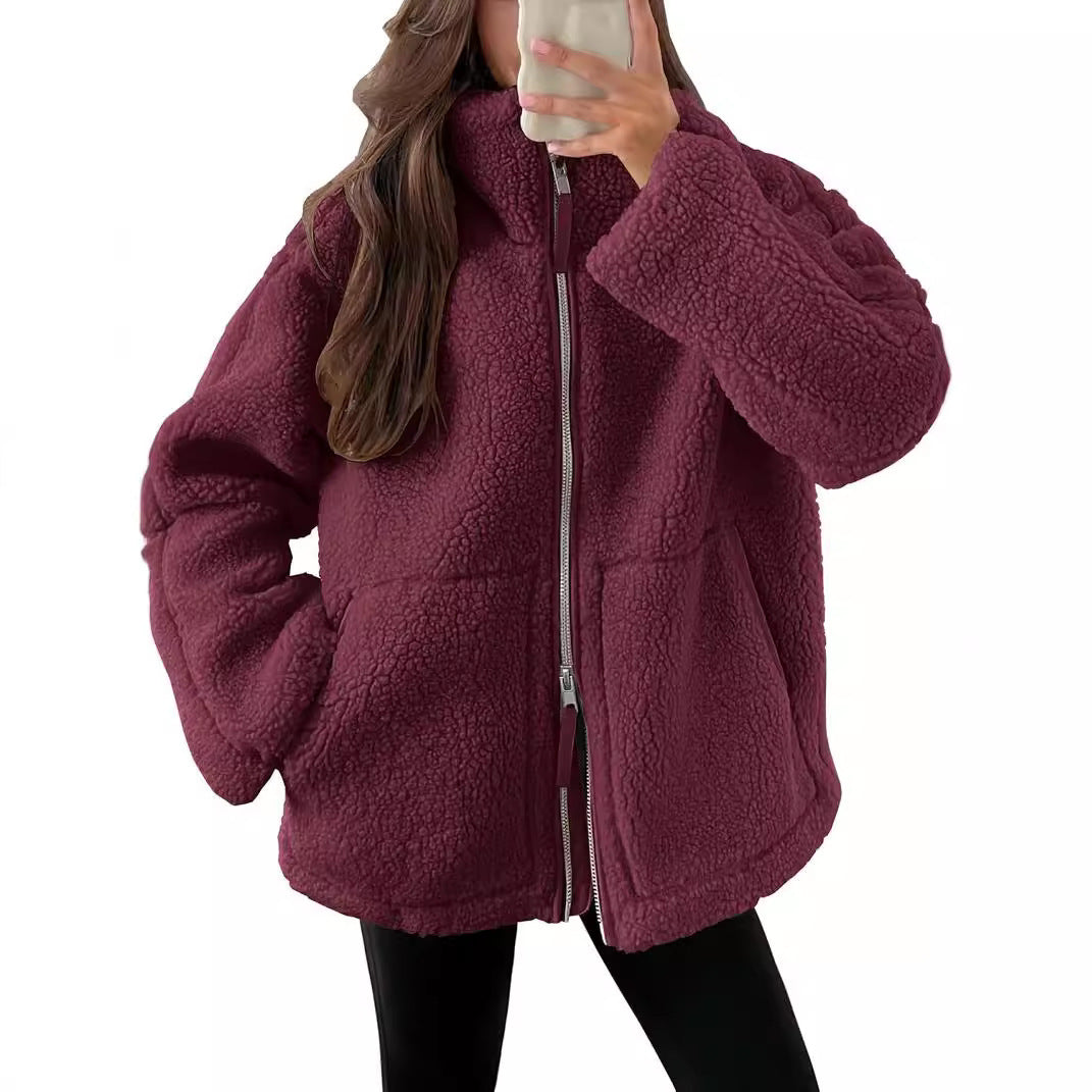Women’s Winter Lapel Zip-Up Fleece Jacket – Casual Long Sleeve Coat with Pockets