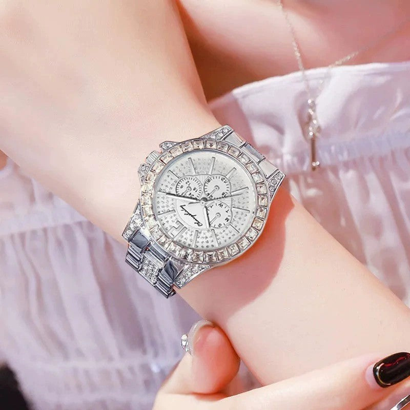 Women Full Diamond Fake Three-eye Steel Belt Quartz Watch