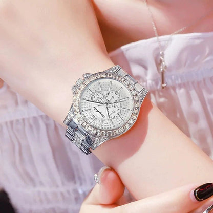 Women Full Diamond Fake Three-eye Steel Belt Quartz Watch