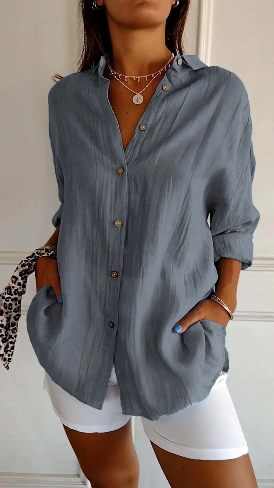 Lapel Long Sleeve Shirt Women's Single-breasted Pleated Shirt Tops Clothing