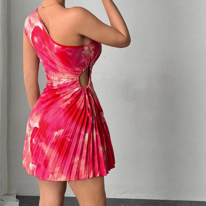 Sleeveless One-shoulder Printed Pleated Dress