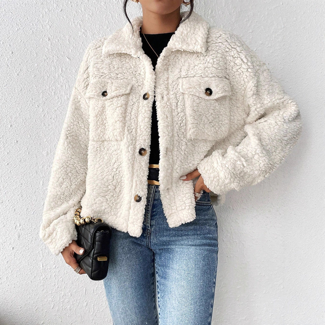 Women's Short Plush Jacket with Polo Collar – Soft Fleece Casual Winter Coat
