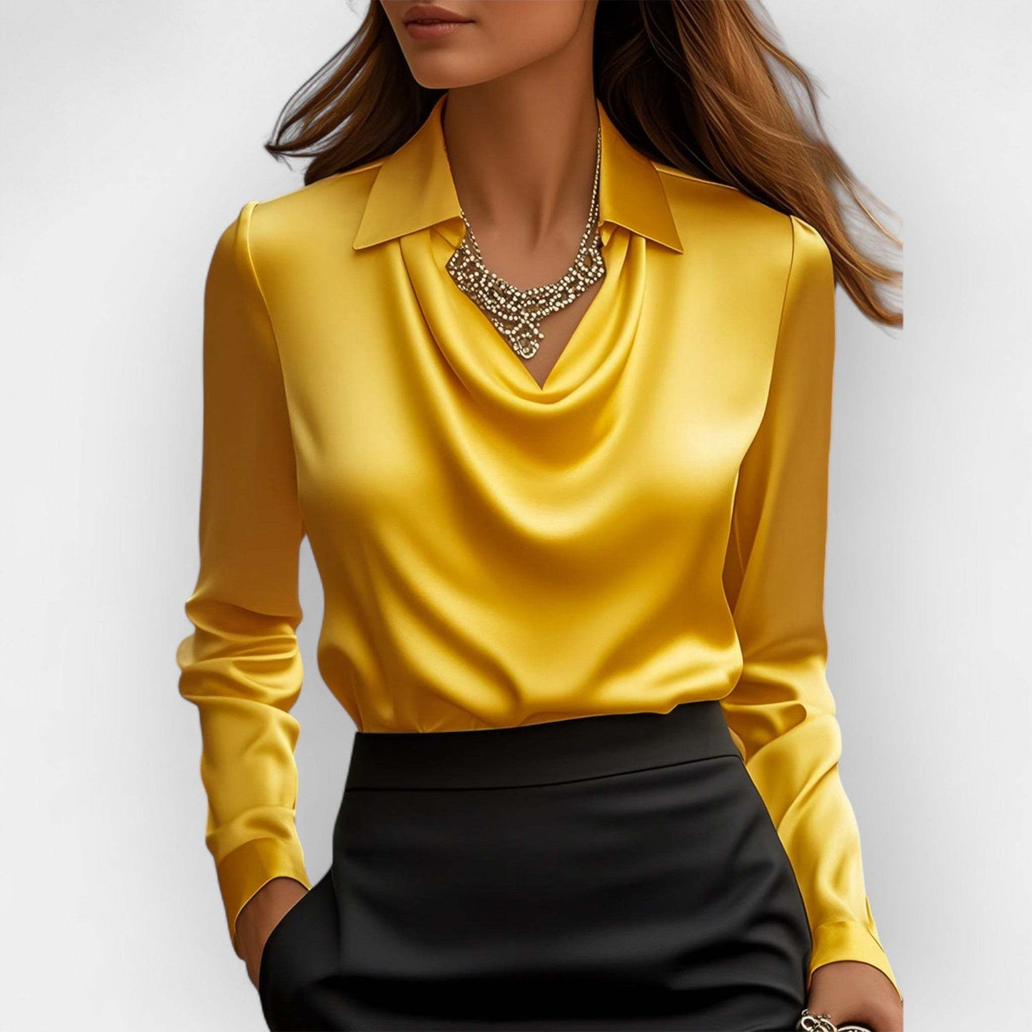 Women’s Satin Swing Collar Blouse – Elegant Long Sleeve Office Top