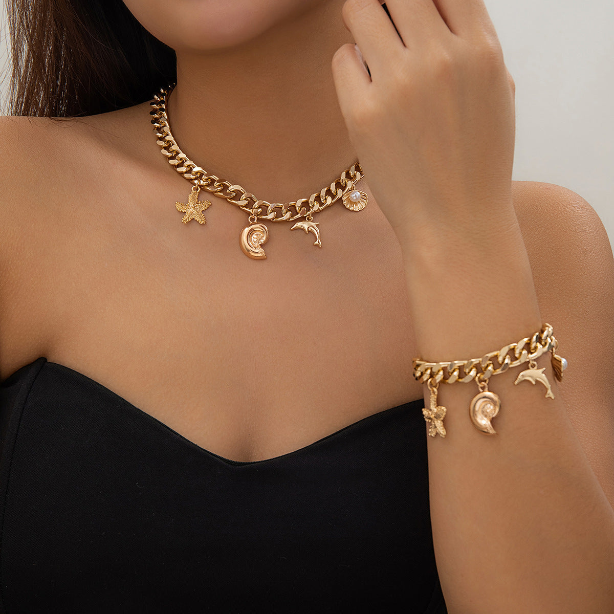 Women’s Bohemian Ocean Jewelry – Starfish, Dolphin & Conch Pendant Set