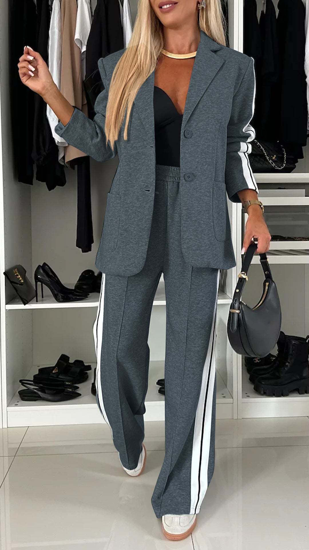 Fashion Sports Trousers & Jacket Set – Women’s Casual Lapel Suit Outfit