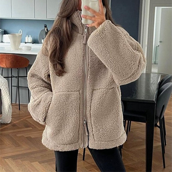 Women’s Winter Lapel Zip-Up Fleece Jacket – Casual Long Sleeve Coat with Pockets