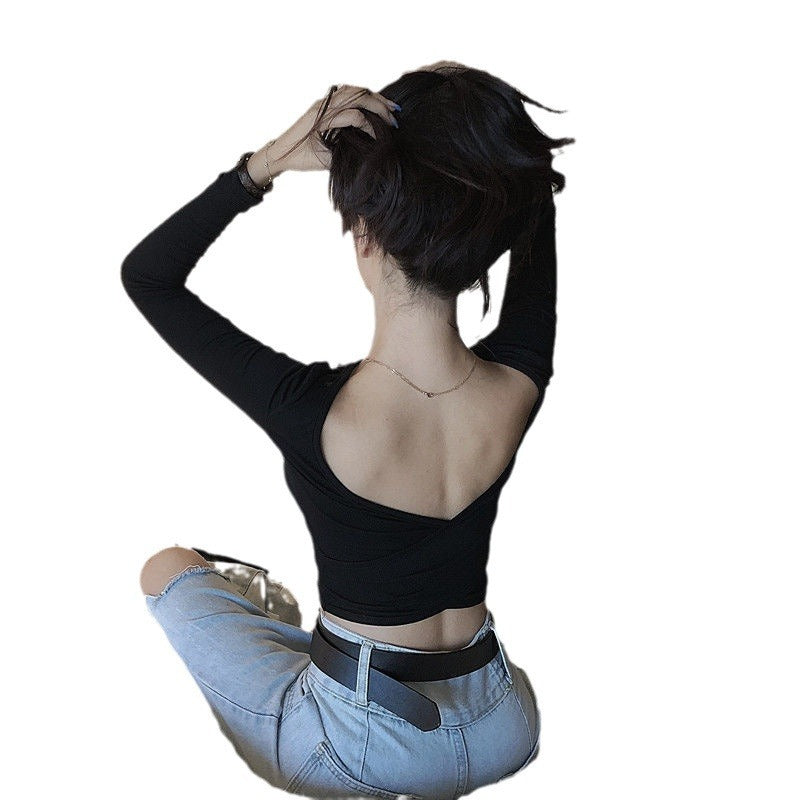 Back-exposed Long-sleeved T-shirt Women's Autumn Sexy Skinny V-neck Cropped Top