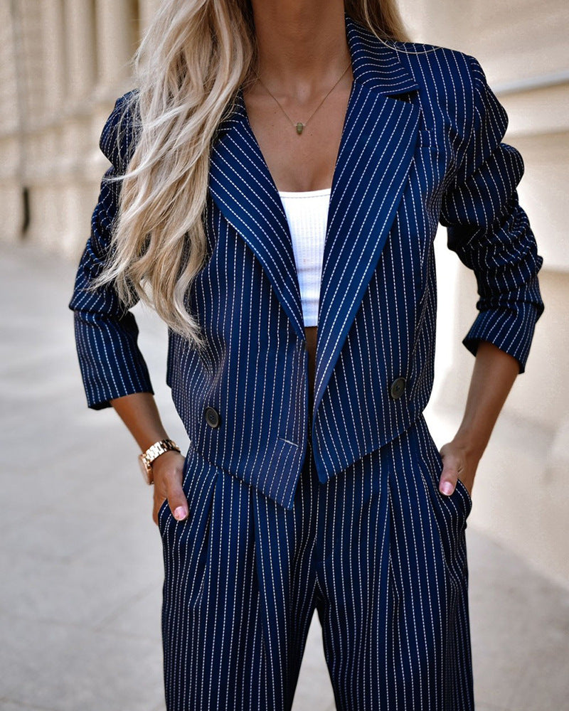 Casual Striped Two-Piece Set for Women – Long Sleeve Cropped Top & Pants