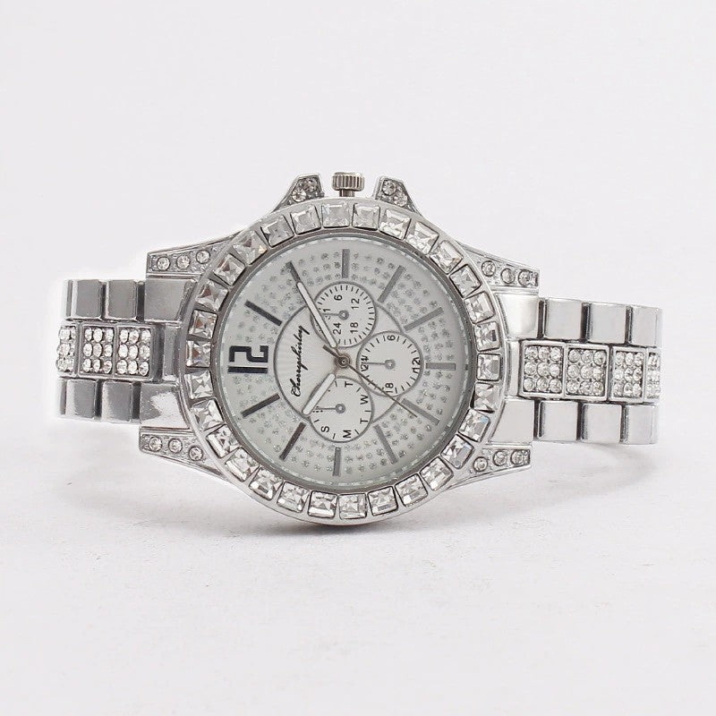 Women Full Diamond Fake Three-eye Steel Belt Quartz Watch