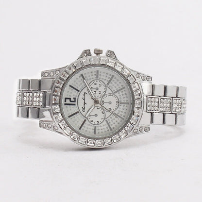 Women Full Diamond Fake Three-eye Steel Belt Quartz Watch