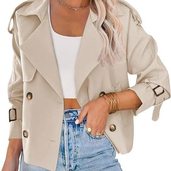 Women's Casual Short Double-Breasted Trench Coat – Stylish Lightweight Outerwear