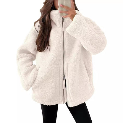 Women’s Winter Lapel Zip-Up Fleece Jacket – Casual Long Sleeve Coat with Pockets
