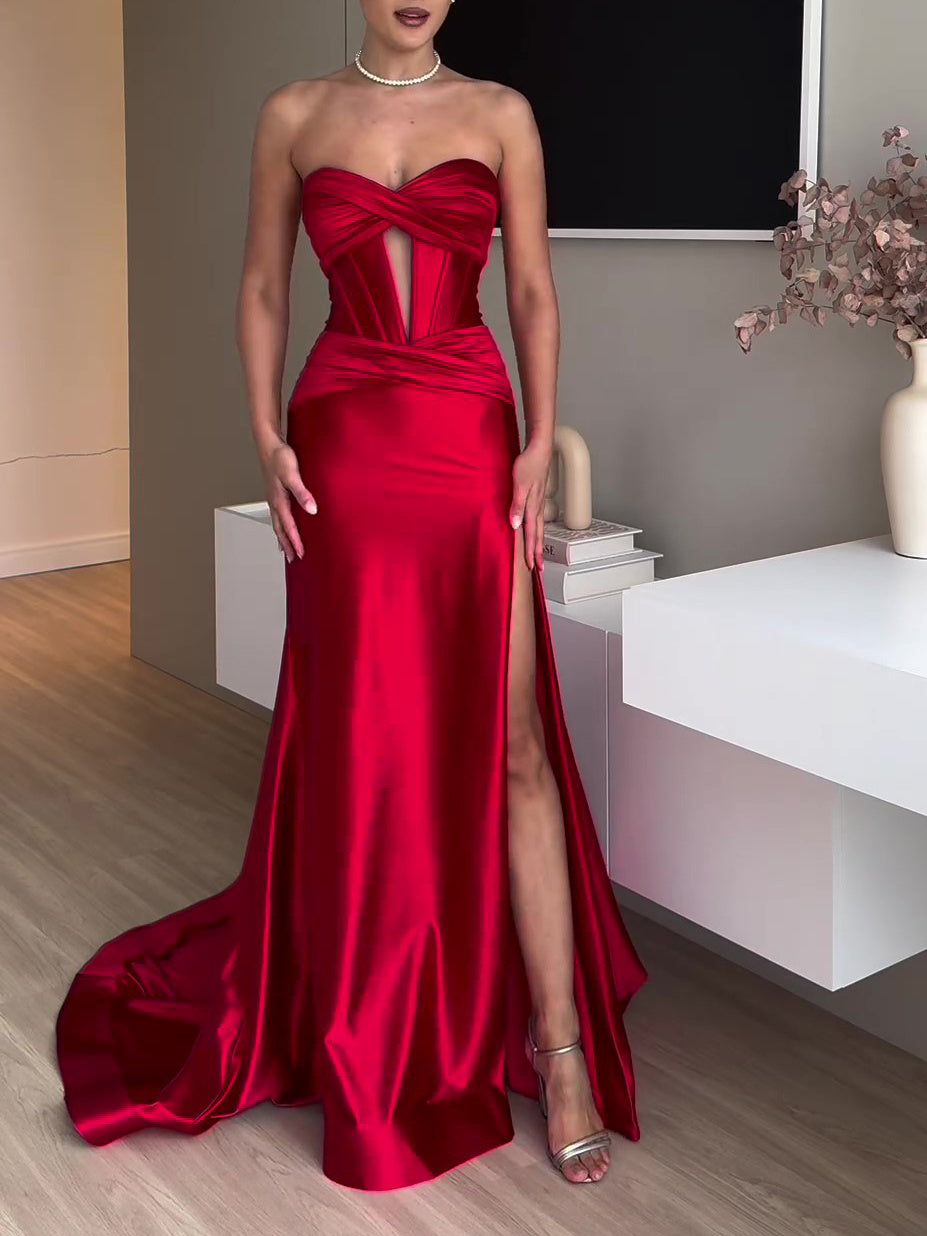 Women’s Red Tube Top Slit Evening Dress