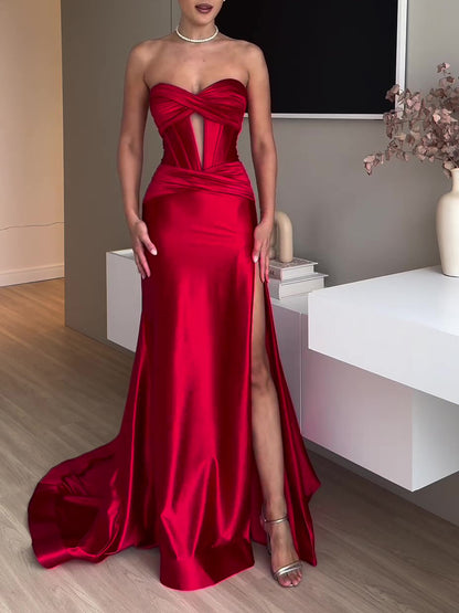 Women’s Red Tube Top Slit Evening Dress