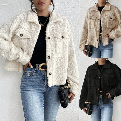 Women's Short Plush Jacket with Polo Collar – Soft Fleece Casual Winter Coat