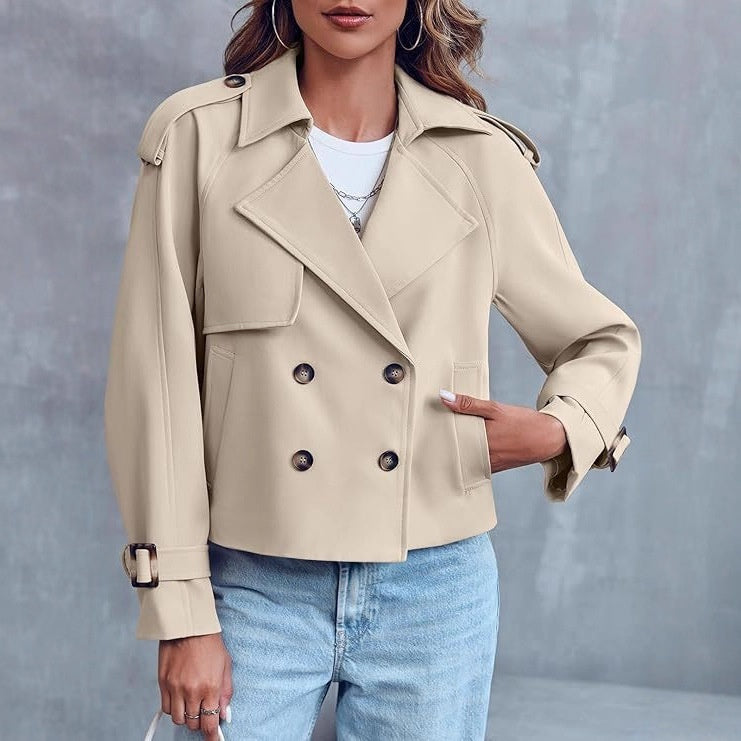 Women's Casual Short Double-Breasted Trench Coat – Stylish Lightweight Outerwear