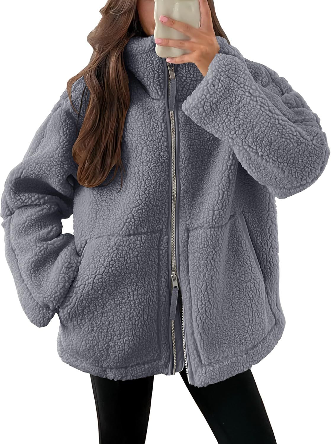 Women’s Winter Lapel Zip-Up Fleece Jacket – Casual Long Sleeve Coat with Pockets